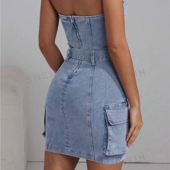 🦋 2/$40 BRAND NEW - SHEIN Blue Jean Belted Dress with Pockets - Picture 2 of 7
